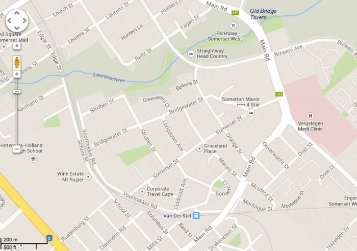 It is interesting that while Vergelegen Mediclinic (shown with an H in a pink block on the righthand side of the Google Map) was disastrously flooded, Old Bridge Tavern in Main Road, right on the river next to South Africa’s second oldest bridge, wasn’t affected at all. Bridgewater Street was totally flooded.